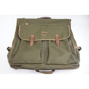 G.H. Bass Garment Bag Green Canvas Leather Trim Folding Travel Luggage Good